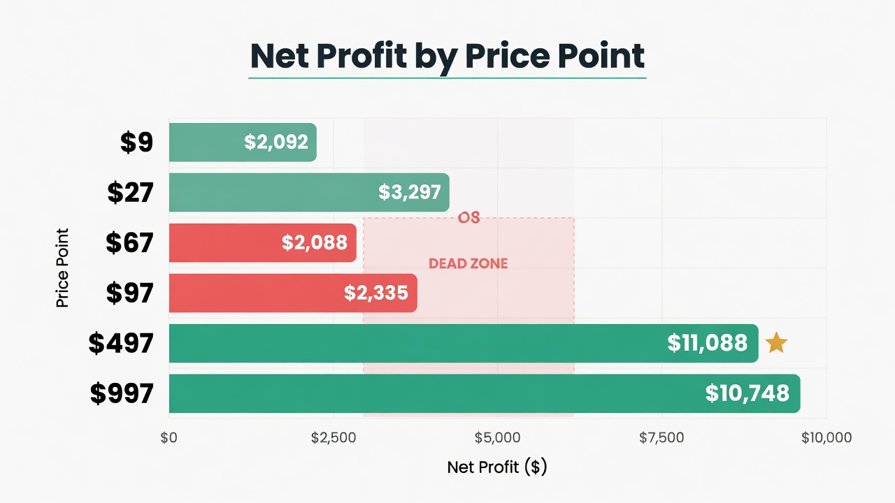 Bar chart comparing net profit at each digital product price point from $9 to $997