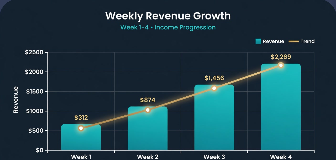 Weekly revenue growth chart showing digital product income progression from $312 to $2,269 over four weeks