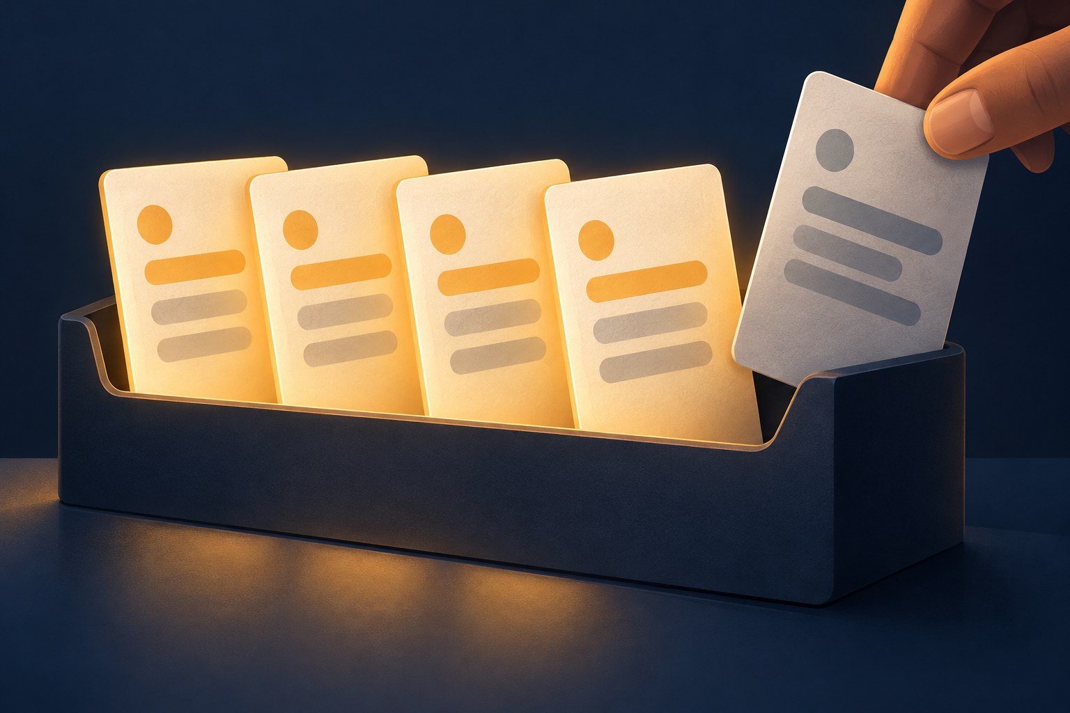 A tidy drafts tray holding five polished draft cards, with one card being removed and the rest ready to post
