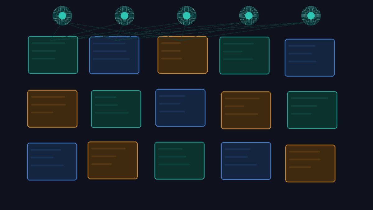 Abstract illustration of an AI ranking system sorting and prioritizing social media posts in a feed