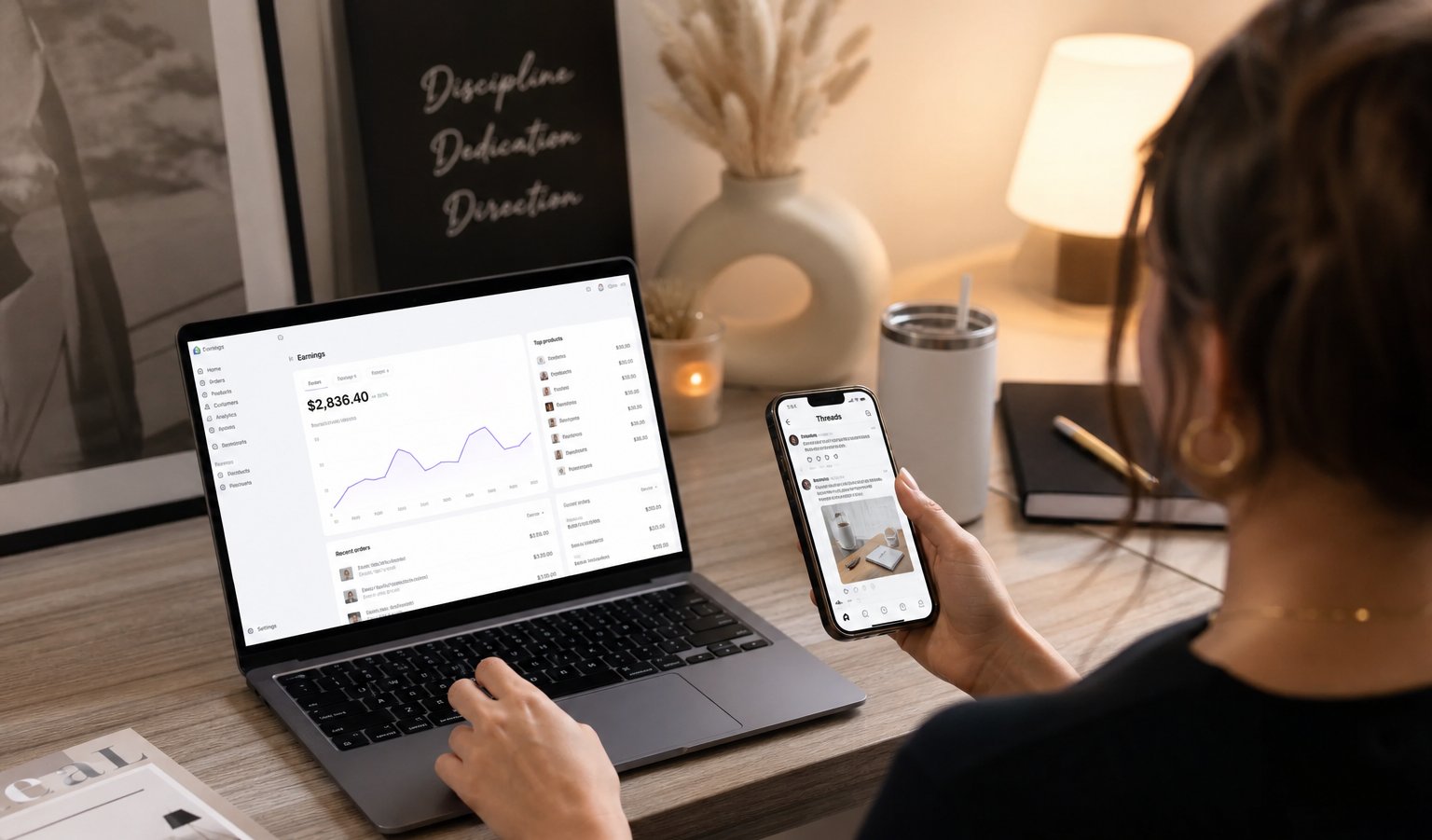 Creator selling digital products on Threads from a laptop