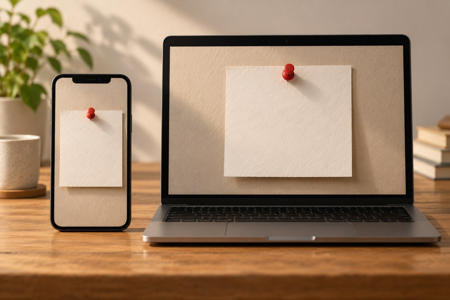 A phone and a laptop on a desk showing the same pinned card at the top of the screen