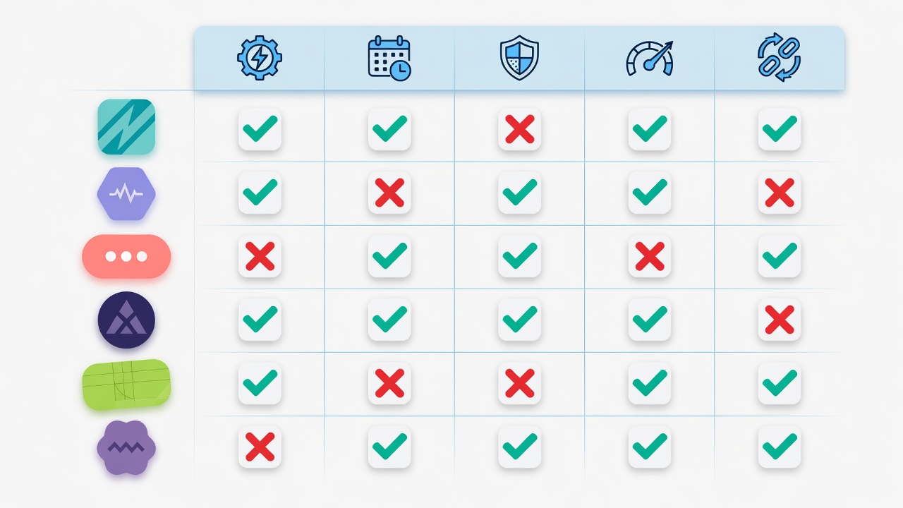 Feature comparison matrix showing six free Threads scheduler tools with green checkmarks and red X marks across five evaluation columns