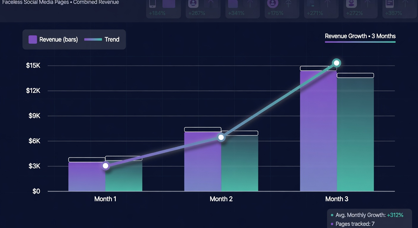 Revenue growth chart showing faceless digital product earnings from zero to fifteen thousand per month