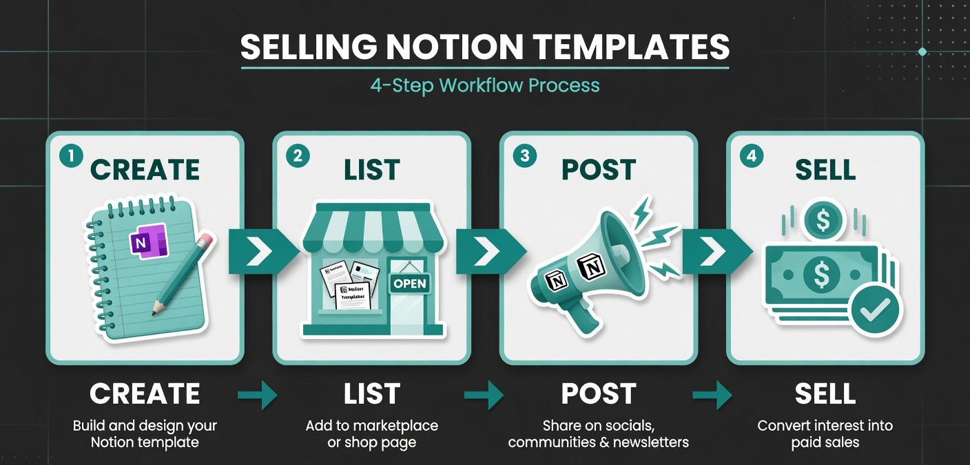 Four step workflow showing how to create, list, post, and sell Notion templates online