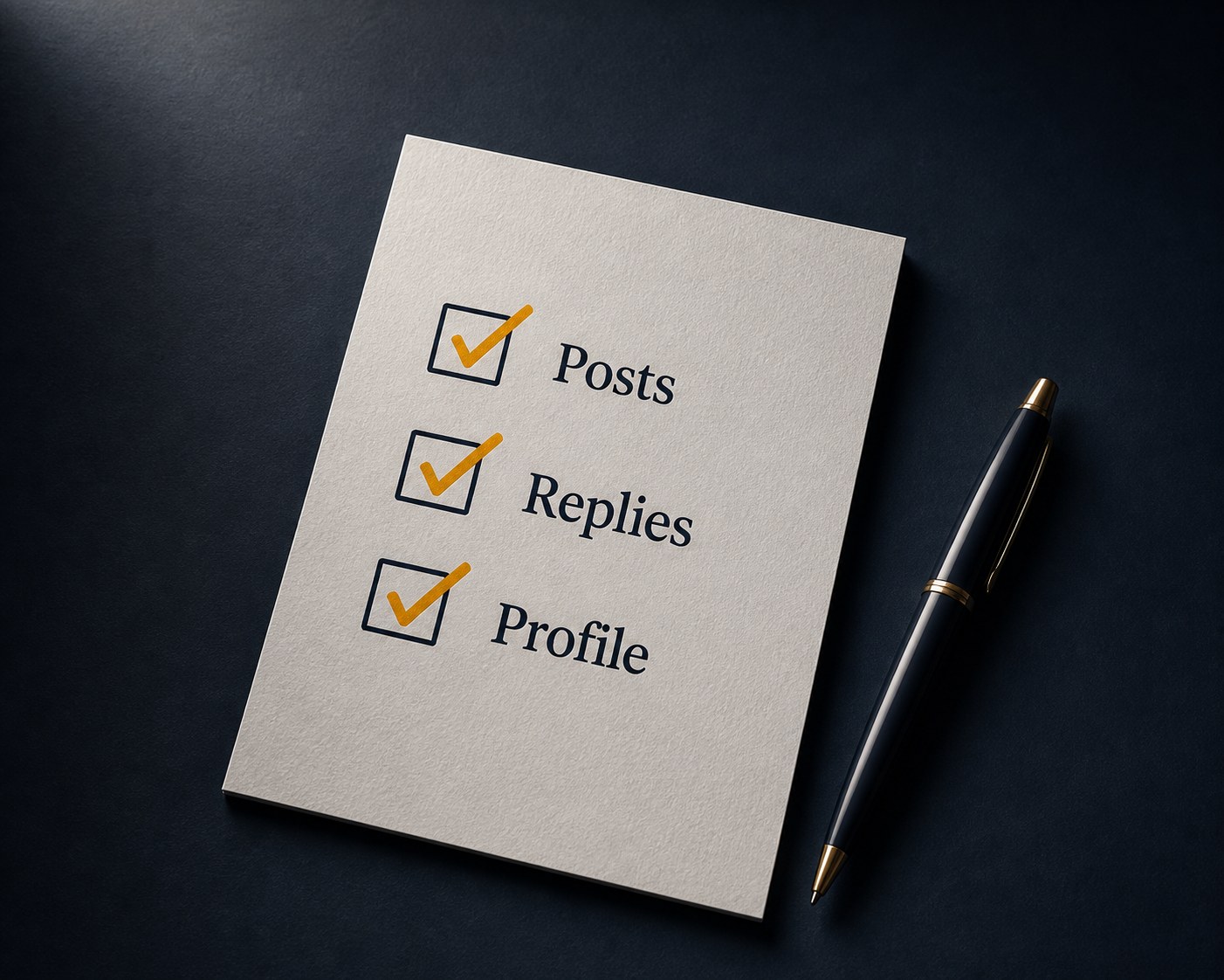 A paper checklist with three boxes ticked: posts shipped, replies written, profile filled