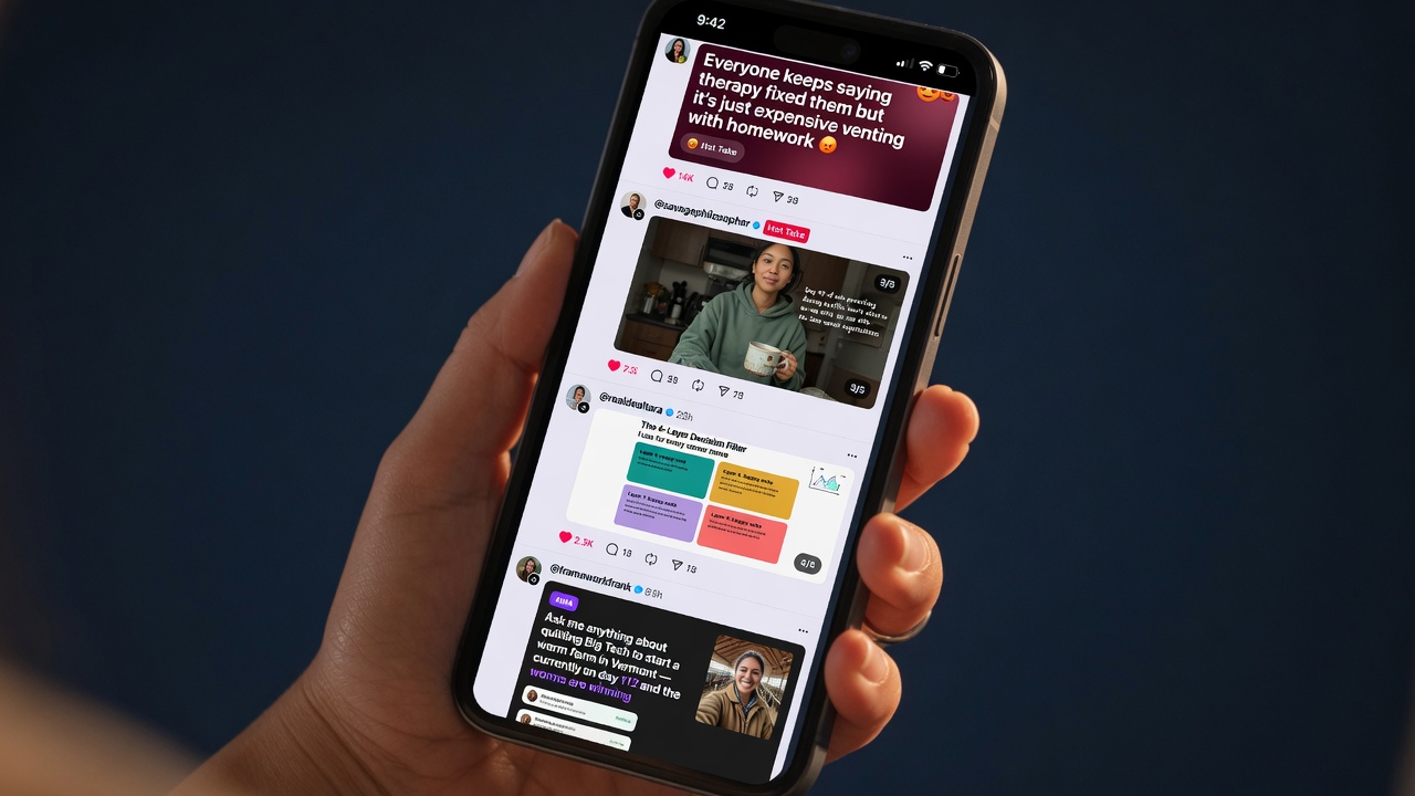 Smartphone showing a Threads feed with multiple post formats that drive replies in 2026.
