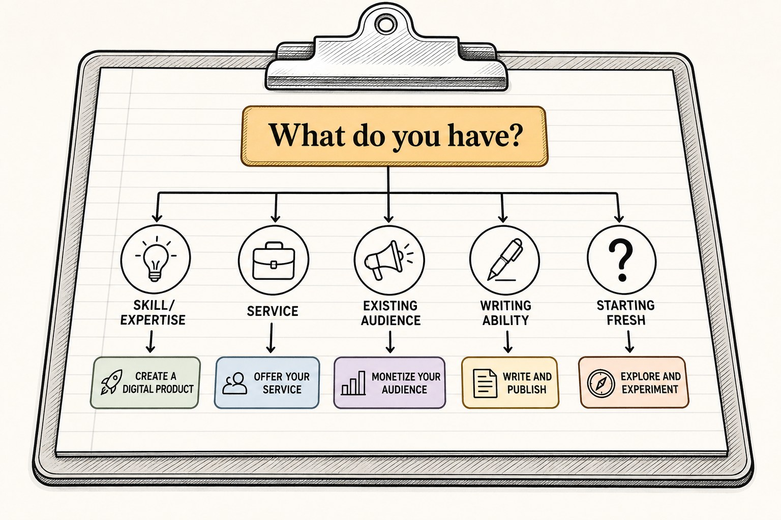 A decision tree on a clipboard showing five income paths branching from a central question about what assets you have