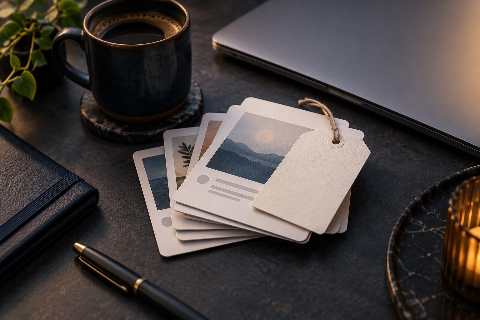 A price tag resting on a stack of social media draft cards beside a laptop
