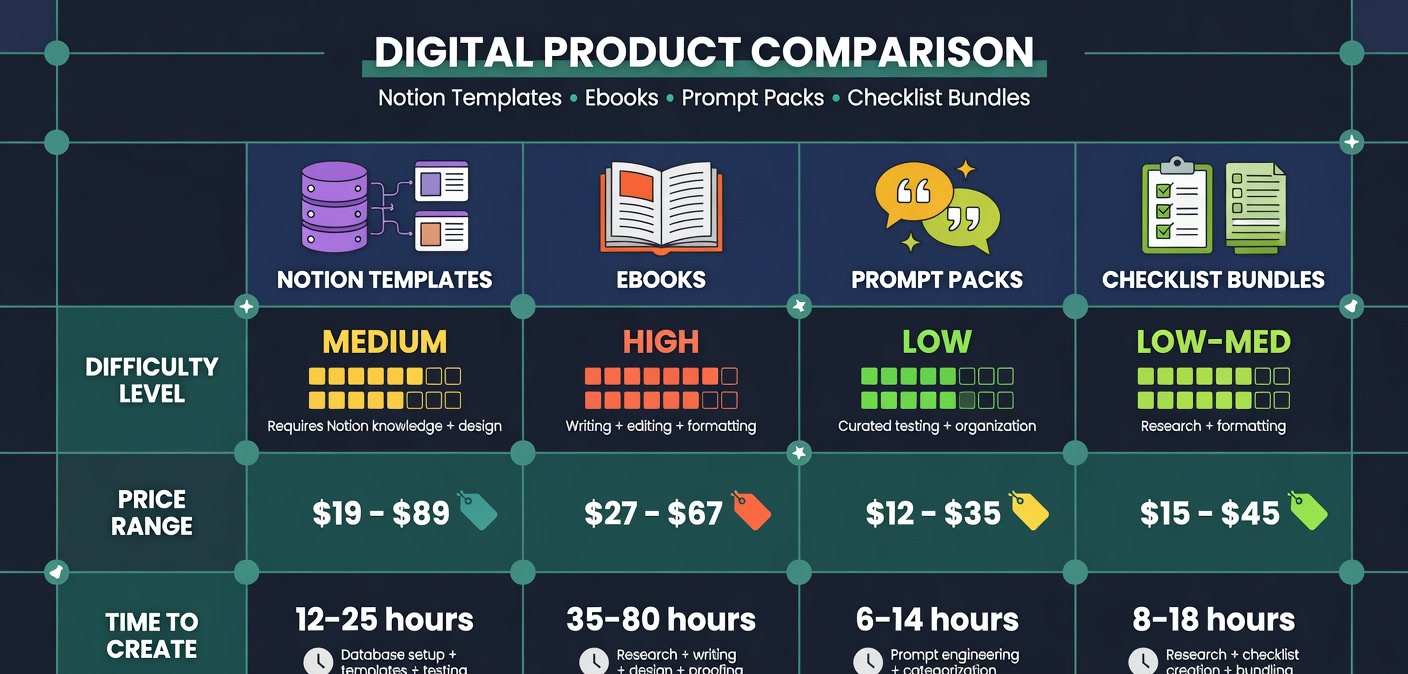 Side-by-side comparison of Notion templates, ebooks, prompt packs, and checklist bundles with pricing