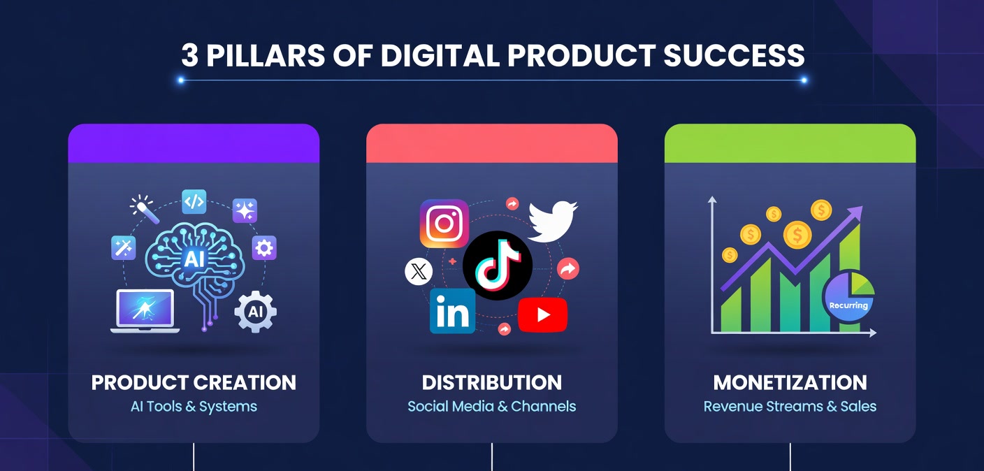 Three-pillar framework showing product creation, distribution, and monetization for digital products