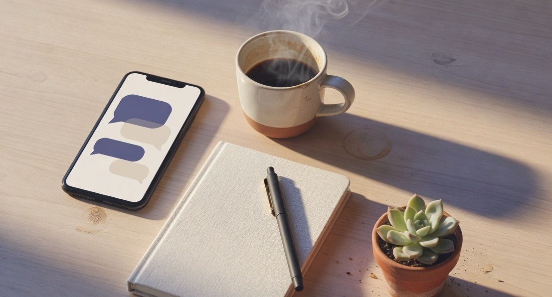 A small business owner's desk with a phone showing a conversation-first social feed, coffee cup and notebook nearby