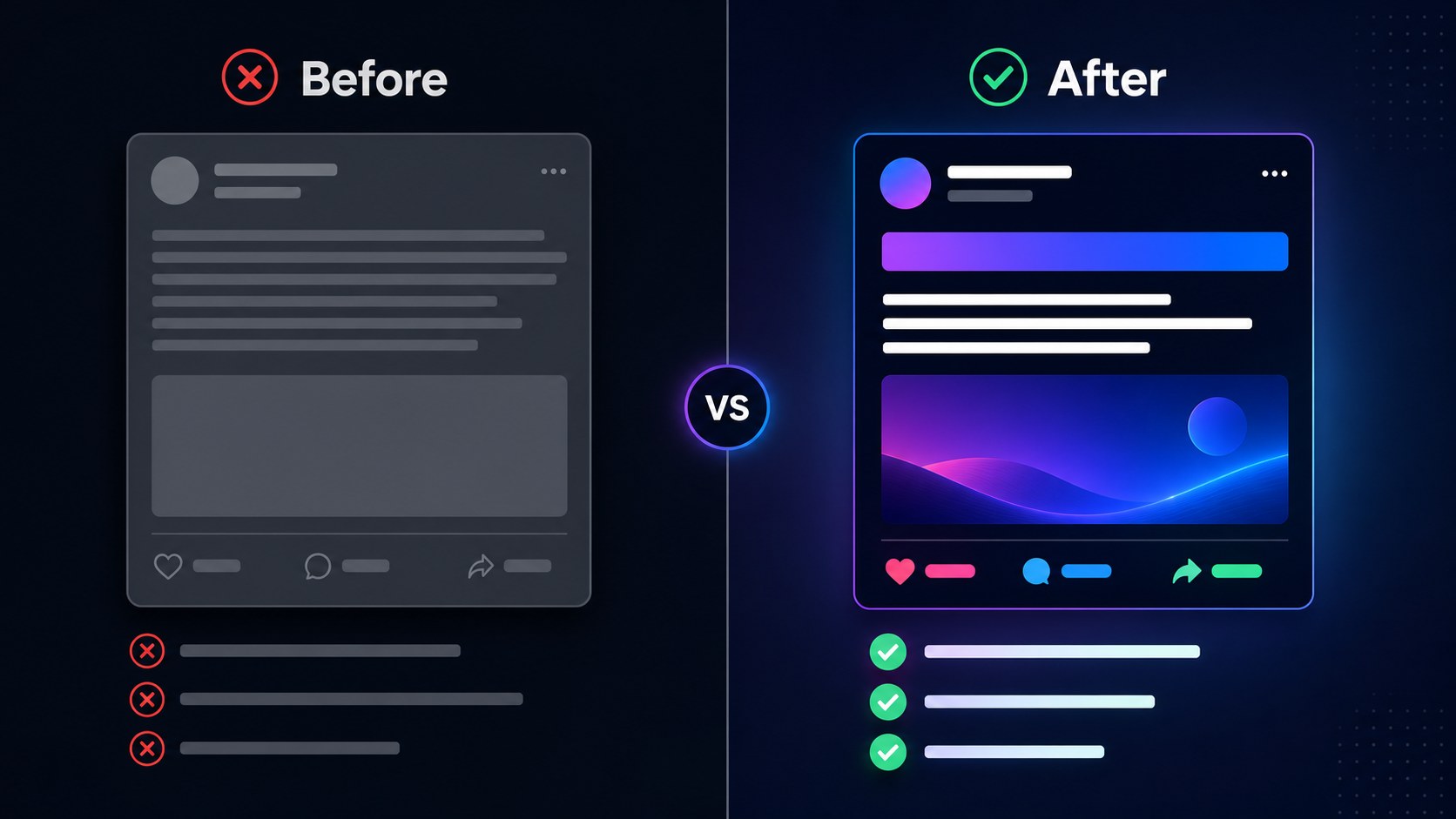 Comparison framework showing bad vs good AI-generated Threads posts with before and after examples