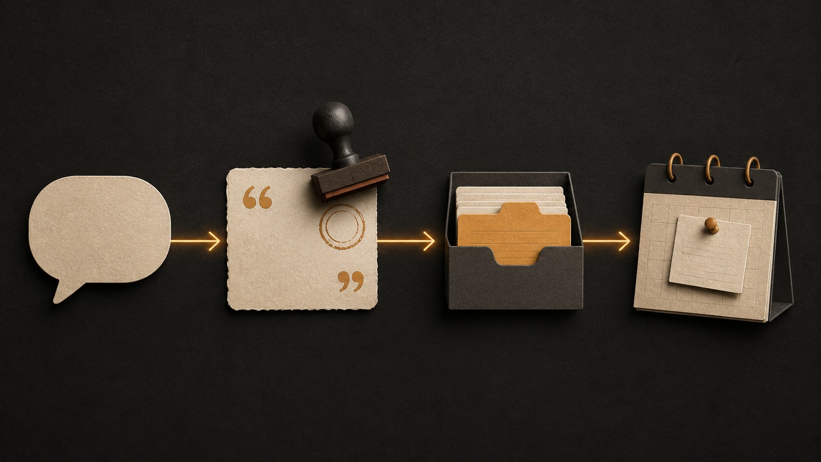 A four-step workflow diagram moving from a client conversation to a saved quote, a permission check, and a scheduled social post