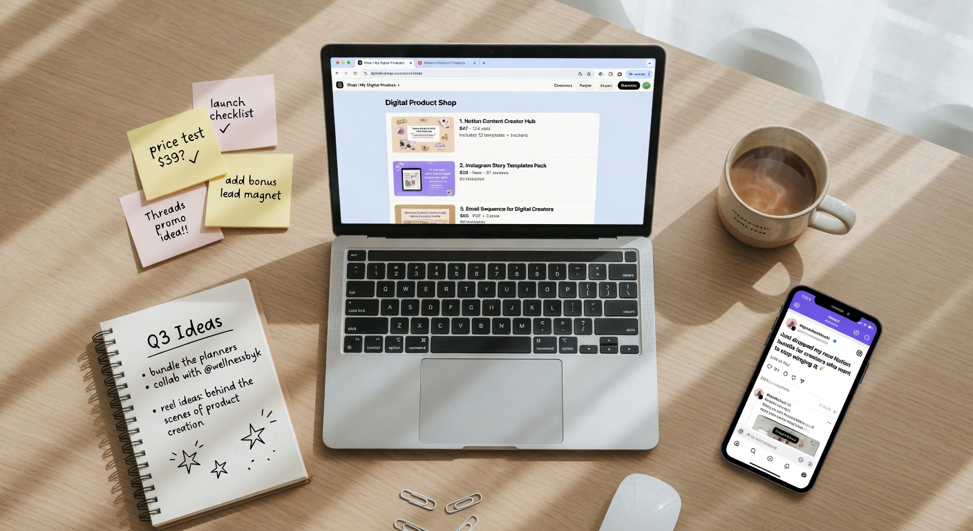 Faceless digital creator workspace with laptop showing product listings and Threads app