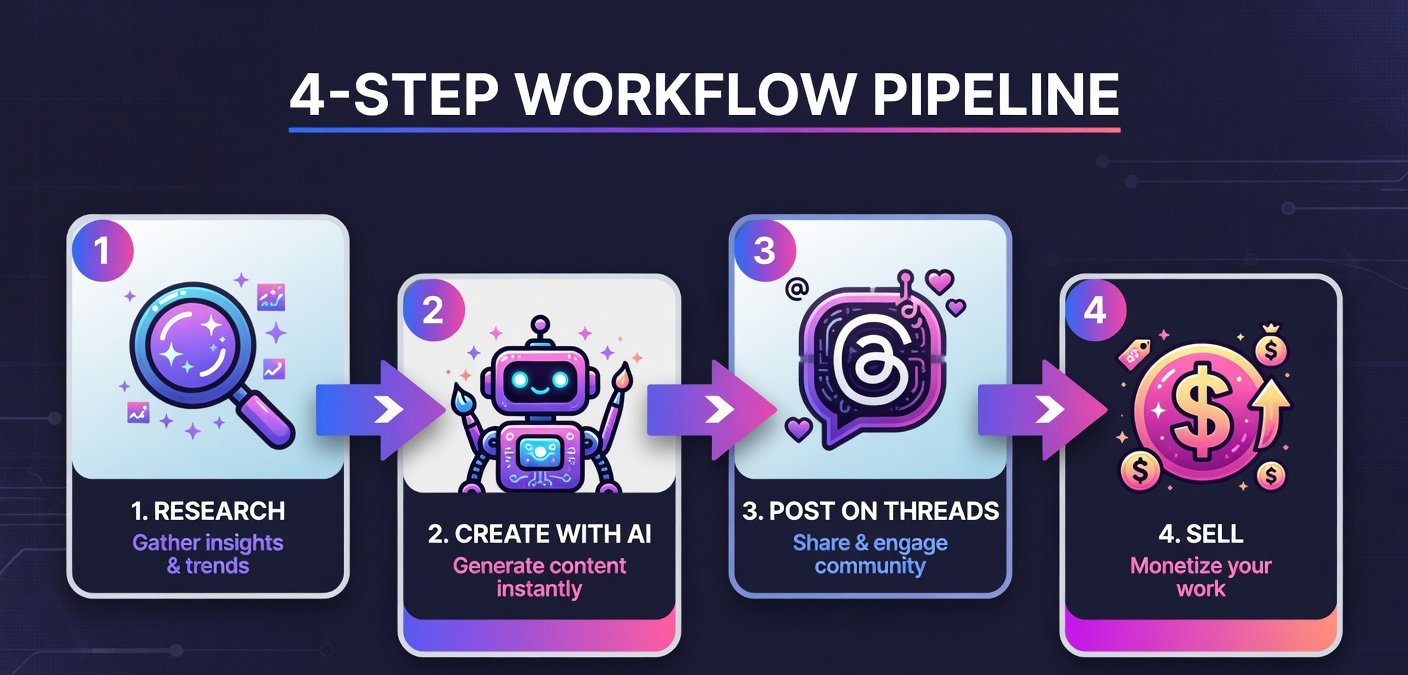 Four-step workflow infographic showing research, AI creation, Threads posting, and selling process