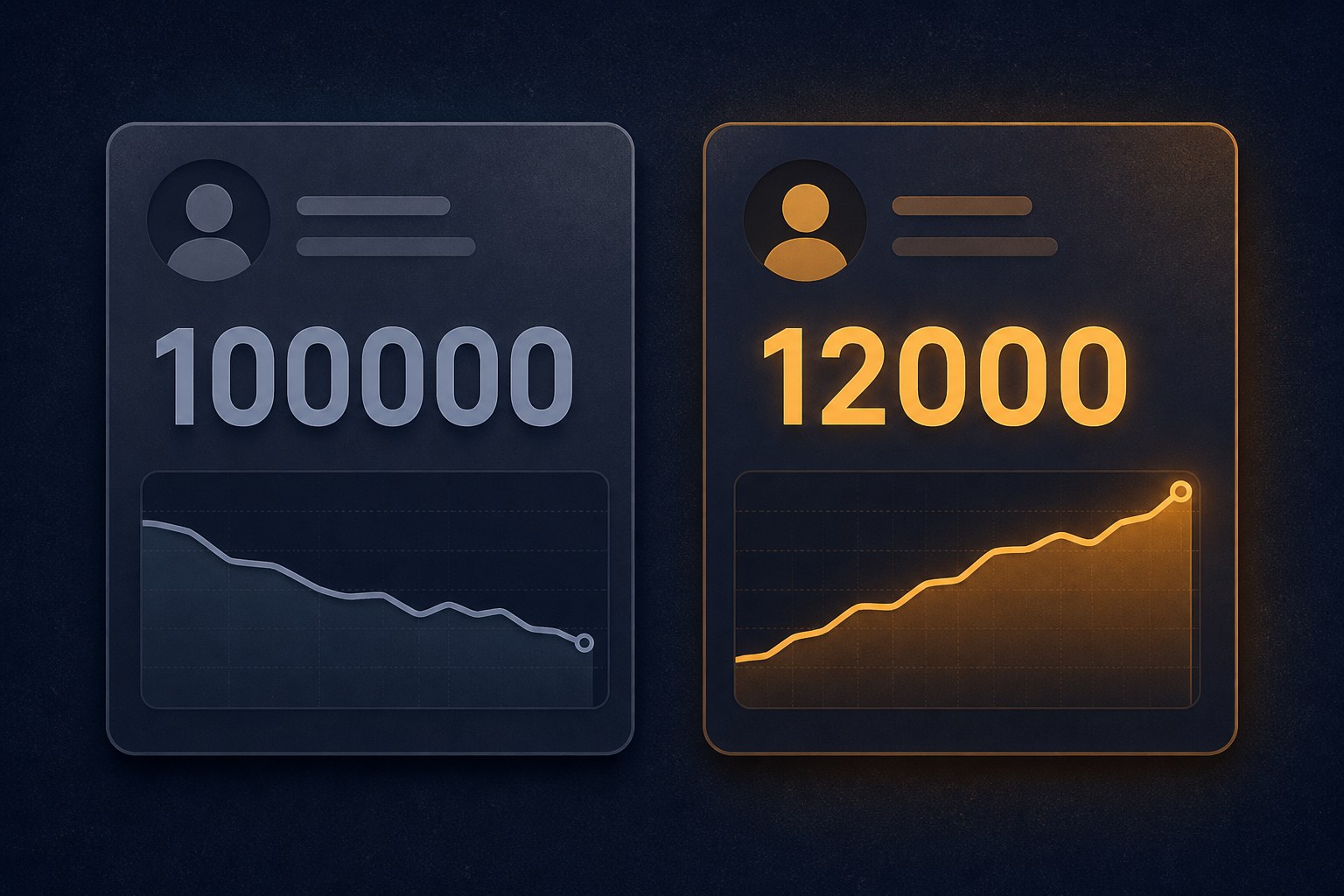 Comparison of two profile cards side by side: one with a big count and flat engagement line, one with a smaller count and rising engagement line