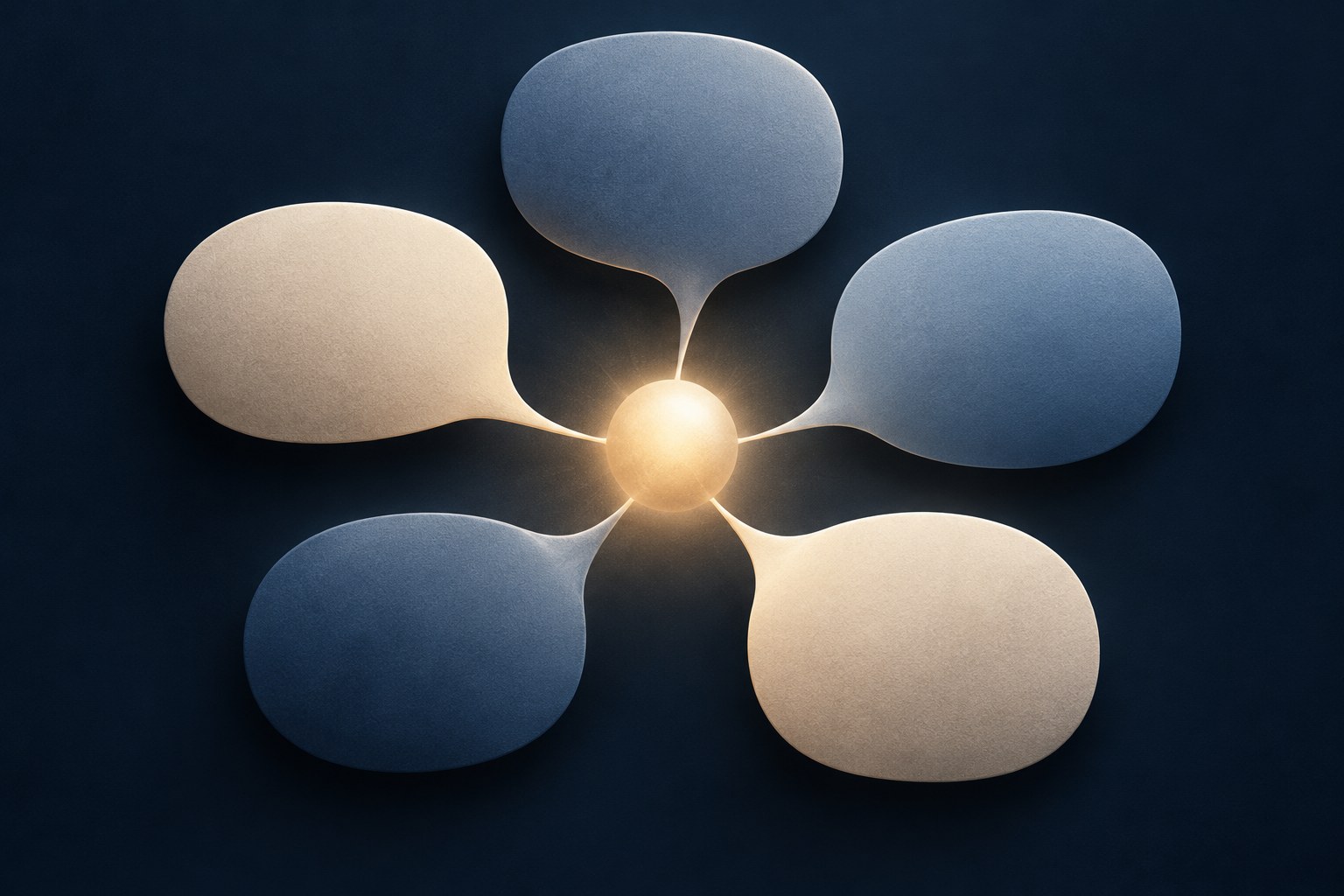 Editorial illustration of five speech bubbles converging into one conversation node on a dark navy background