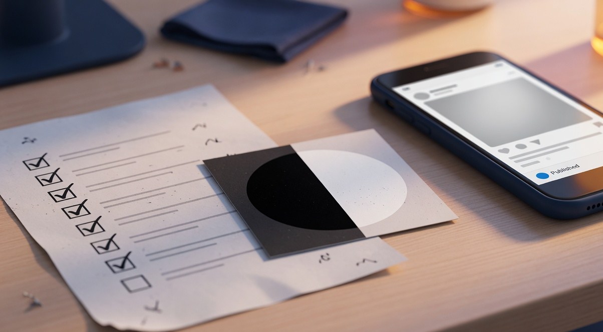A tidy desk scene with a printed checklist, a phone showing a published accessible post, and a small contrast-checking card, photographed in soft light
