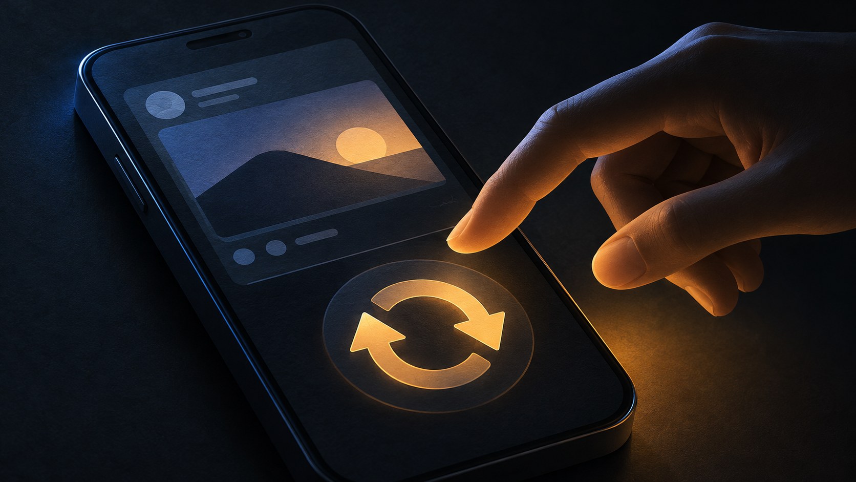 A hand hovering over a looping reshare icon beneath a minimal text post on a dark phone screen