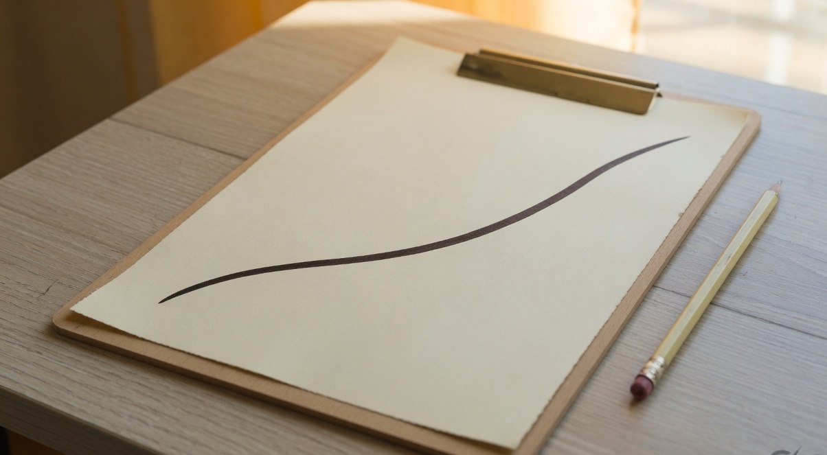 A clipboard holding a paper sheet with a single gently rising hand-drawn ink line, a pencil resting beside it