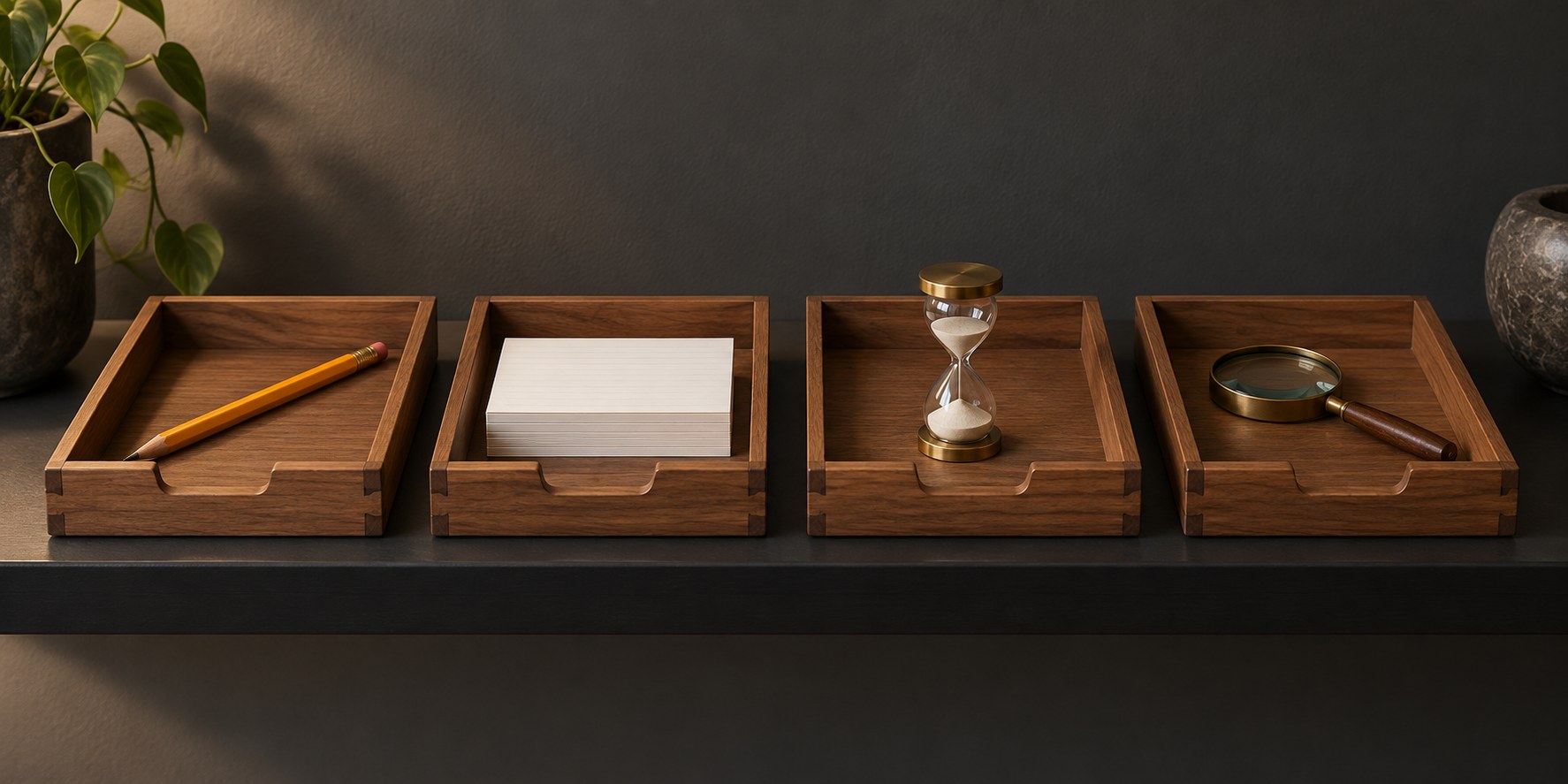 Four labeled bins drawn as cardboard trays on a shelf, each holding a different small object, minimal labels only