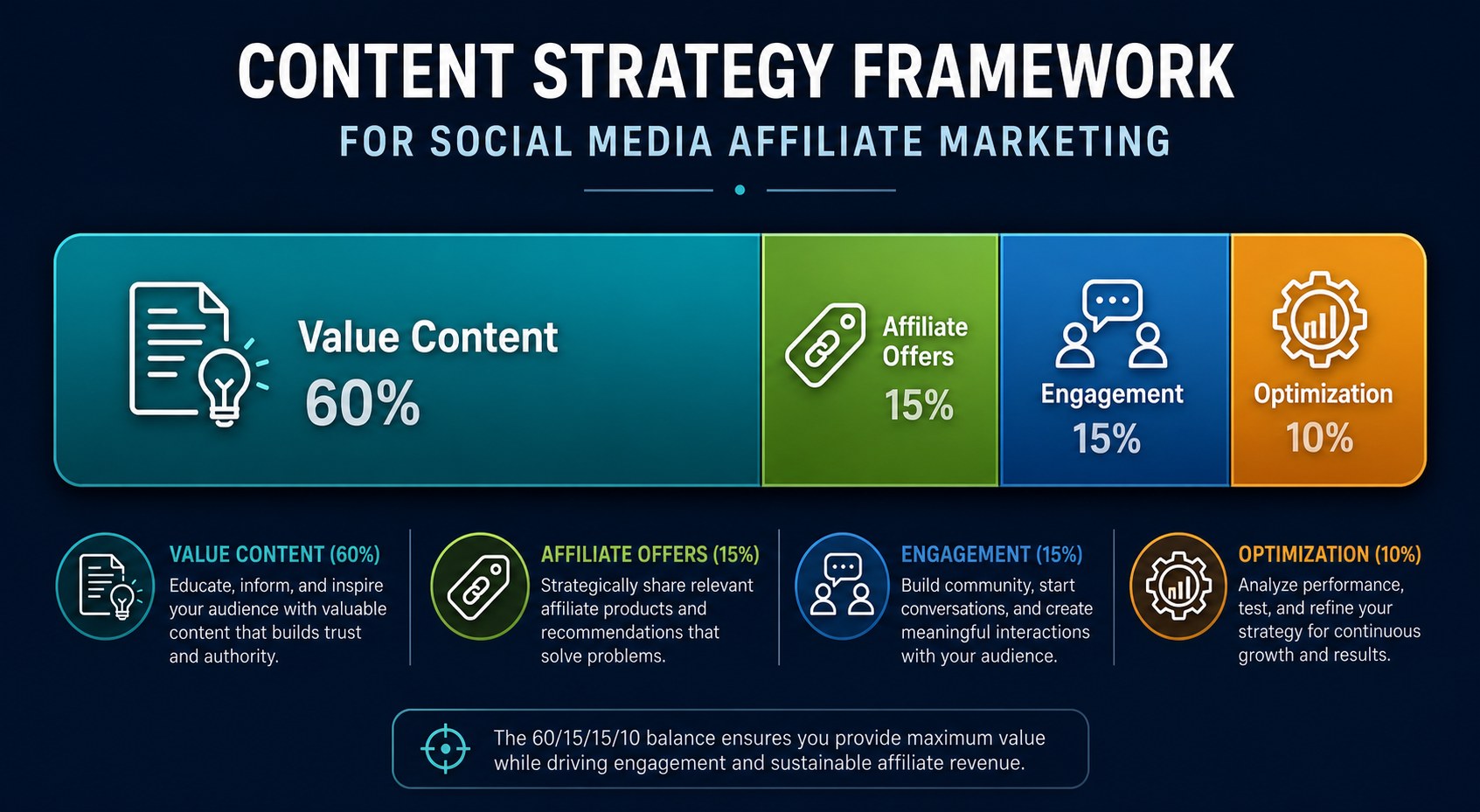Four-part Threads affiliate content framework showing value posts, story posts, curation posts, and promo posts percentages