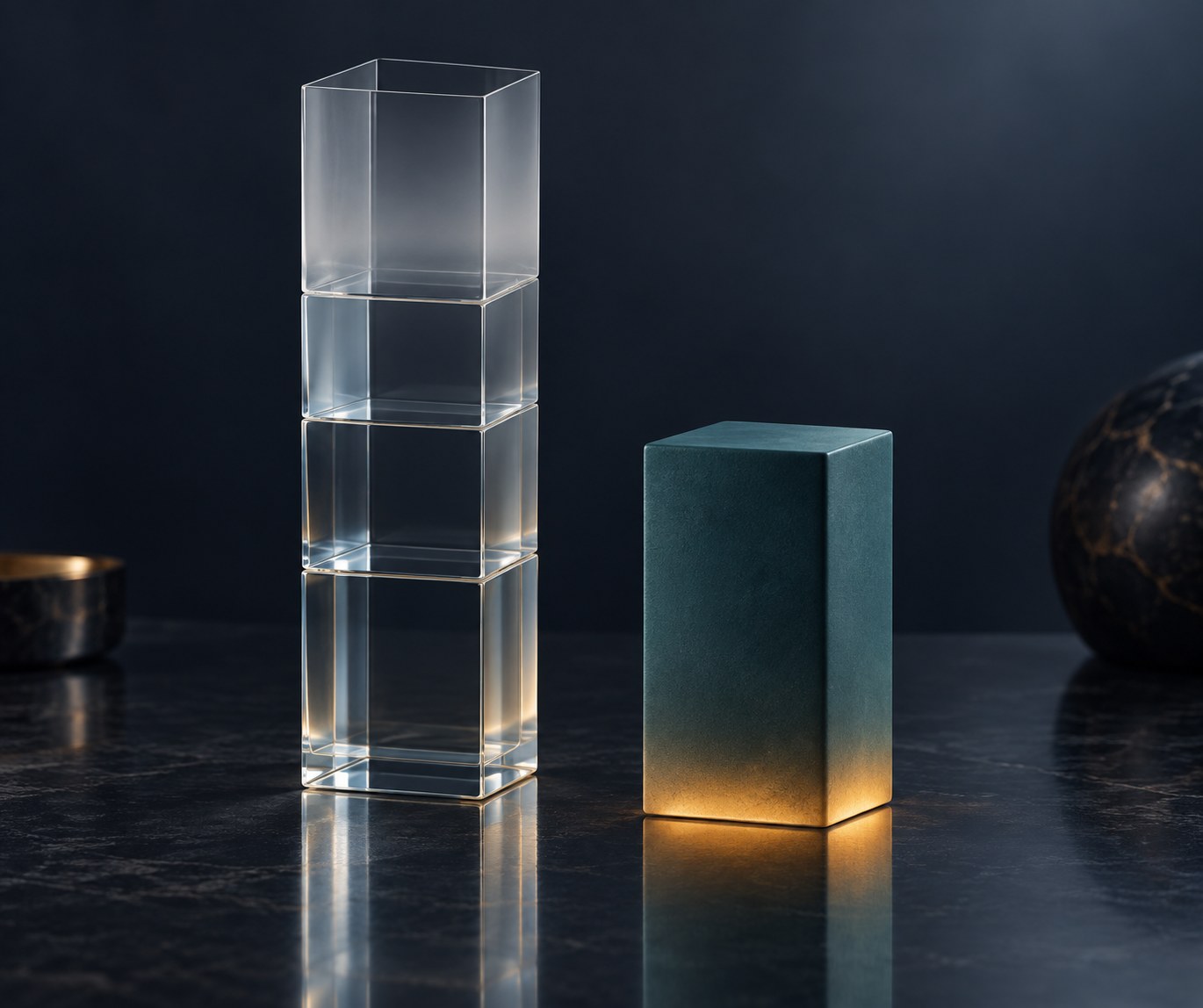 Two side-by-side abstract bar shapes, one inflated and hollow fading at the edges, one shorter but solid
