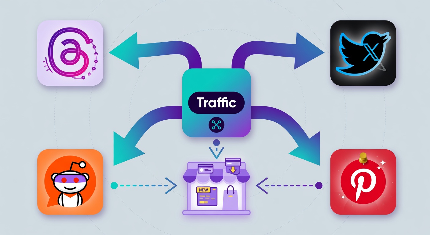 Four traffic channels including Threads Pinterest X and Reddit driving traffic to a digital product storefront