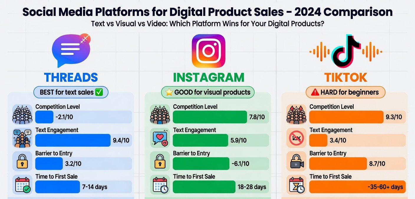Comparison chart showing Threads vs Instagram vs TikTok for selling digital products in 2026