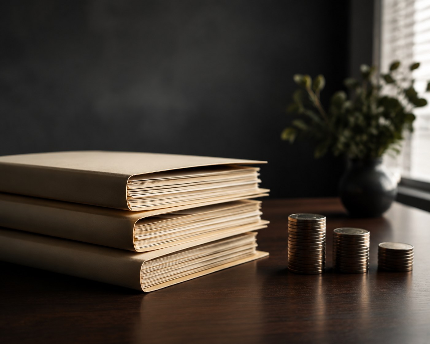 Three stacked paper folders beside three small coin stacks on a dark desk, no labels or numbers