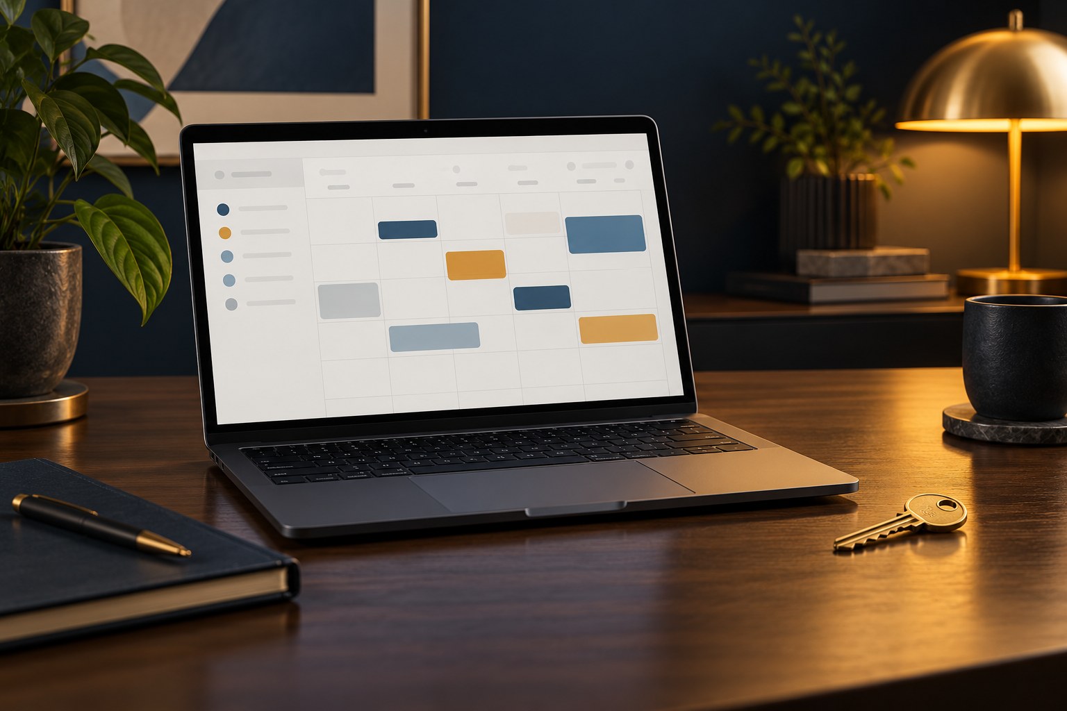 A desk with an open laptop showing a scheduling calendar and a door key left beside it, symbolizing leaving one tool for another