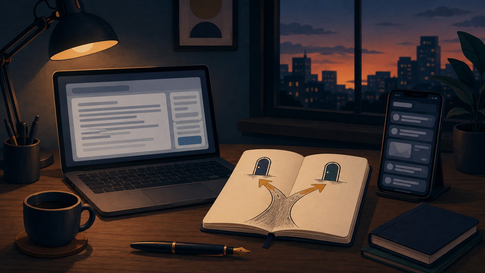 A writer's desk with a laptop showing a writing scheduler and a notebook with two labeled paths leading to different doors