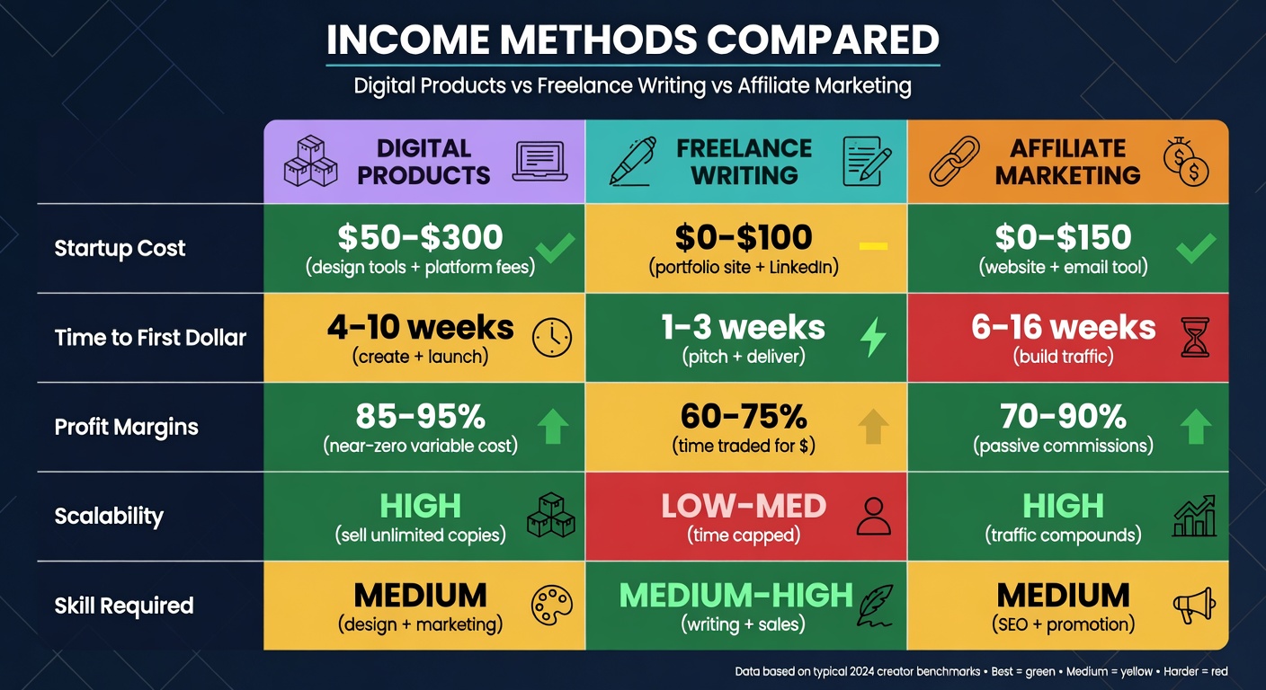 Comparison table of faceless income methods including digital products, freelance writing, and affiliate marketing