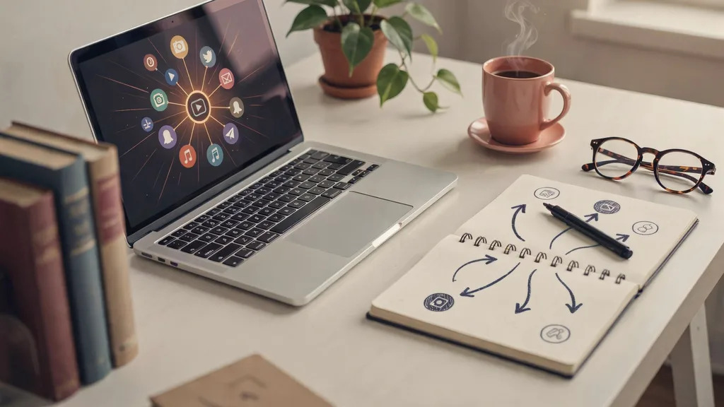 A creator mapping content distribution across multiple social media channels on a desk with a notebook and laptop