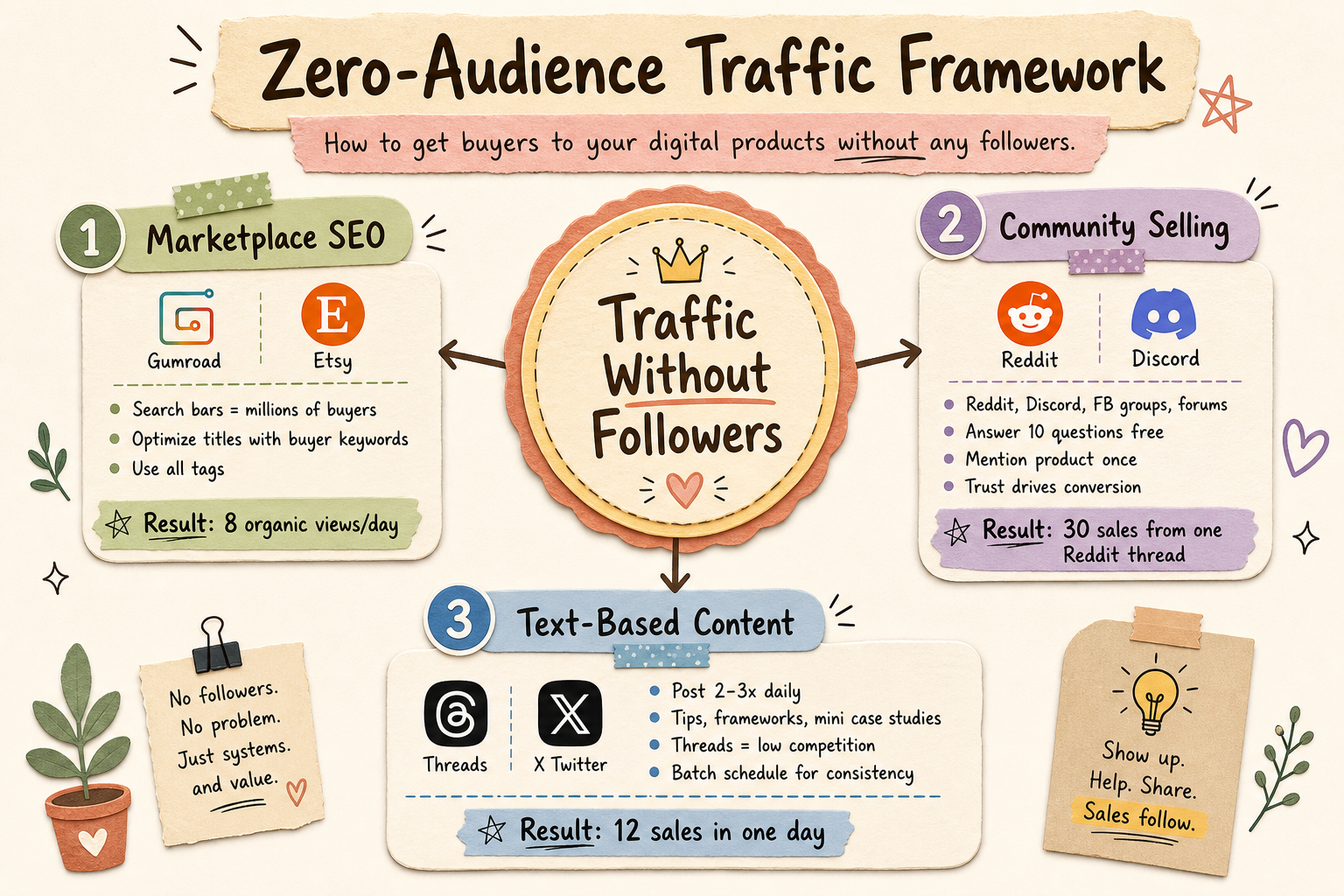 Zero audience traffic framework with three pillars for digital product sales without followers