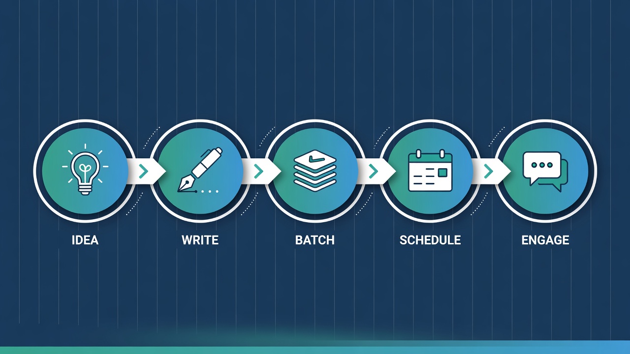 Five step weekly Threads content batch workflow diagram on dark background