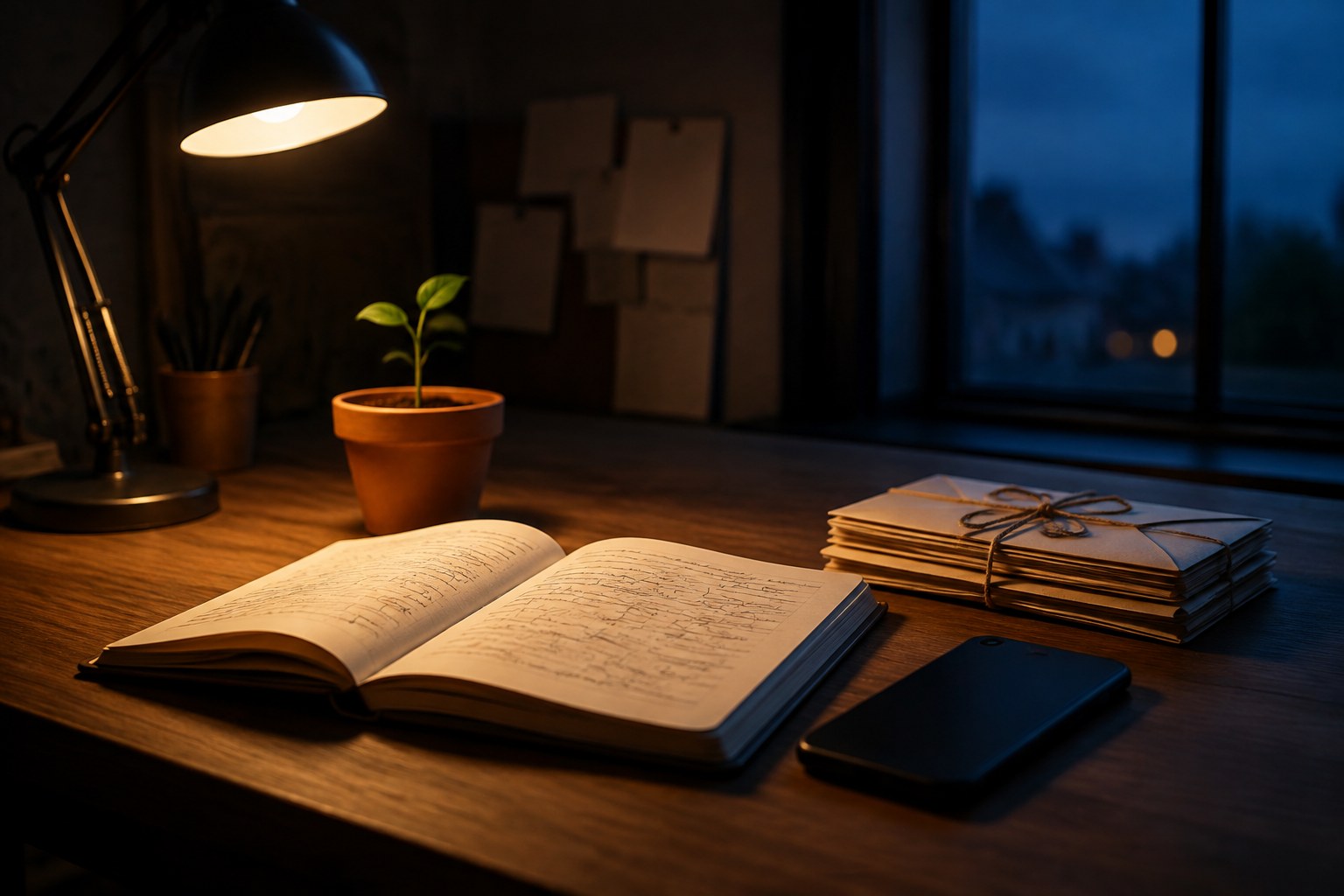 A creator's desk at dusk with a notebook, a small seedling growing in a planter, and a phone lying face down beside a stack of letters