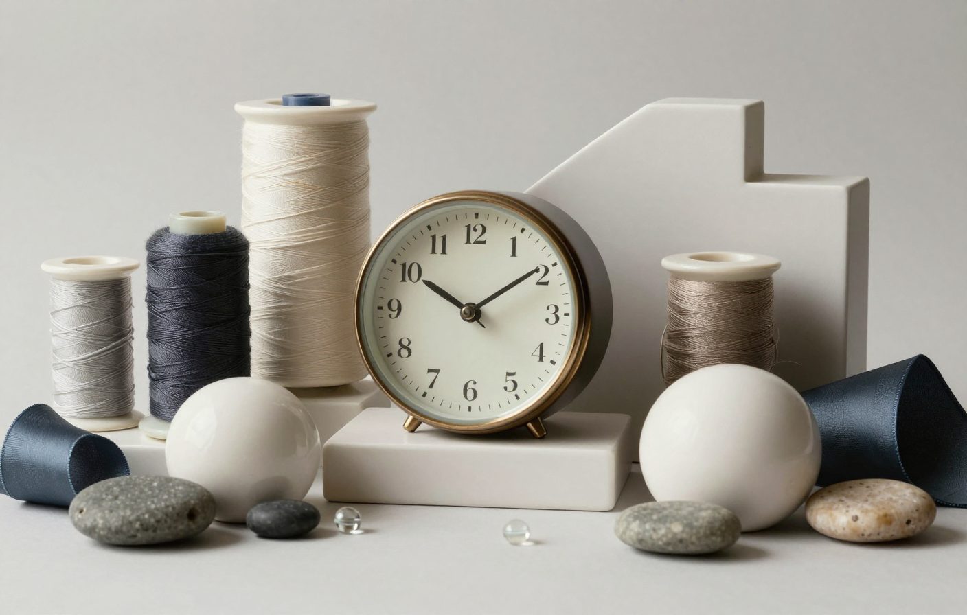 Vintage clock surrounded by colorful thread spools, symbolizing timely scheduling of Threads posts.