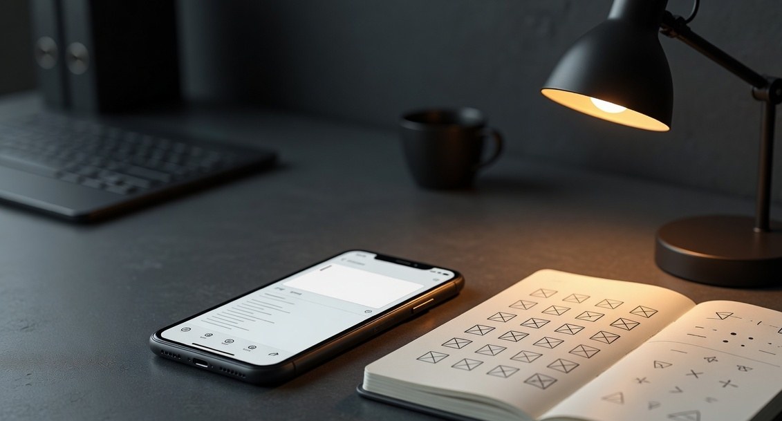 Creator desk with phone showing a short text post draft and a notebook checklist for affiliate link checks
