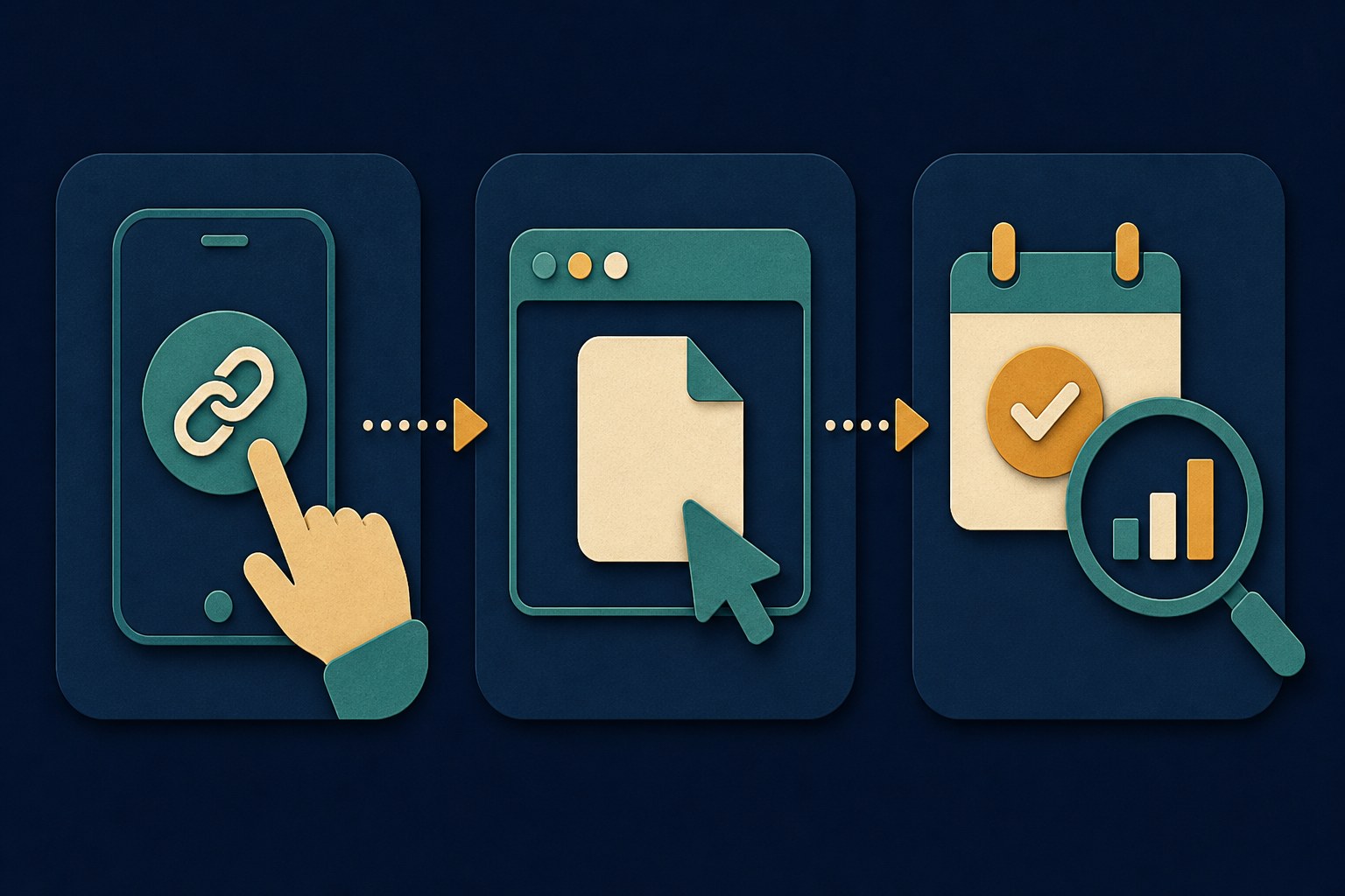 Three-panel workflow diagram from posting a tagged link to a website visit to a weekly report review