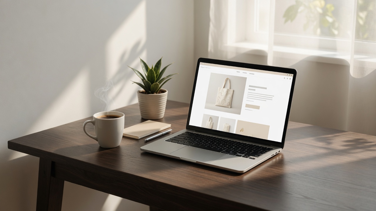 Clean desk workspace with laptop showing digital product storefront