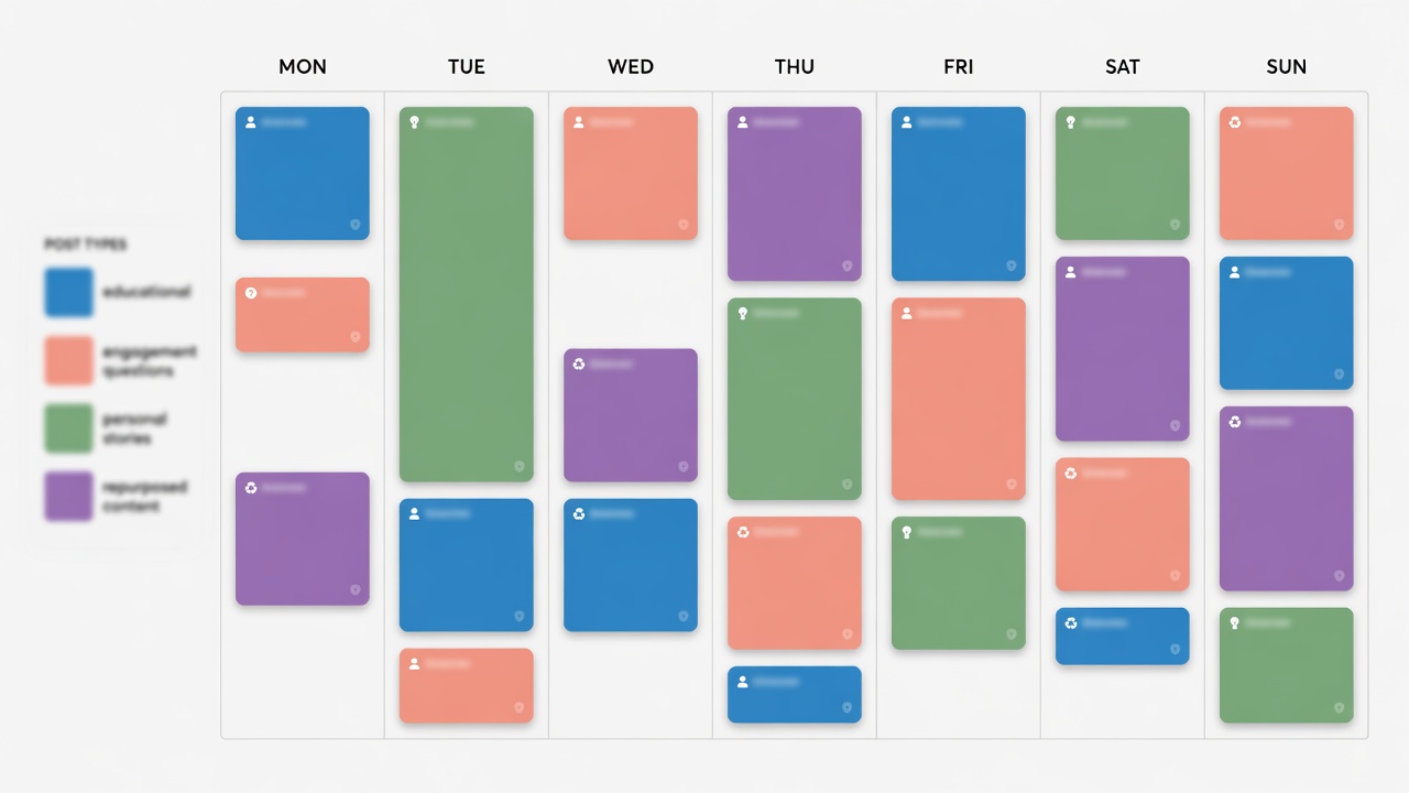 Weekly Threads content calendar template with color-coded post types for each day of the week