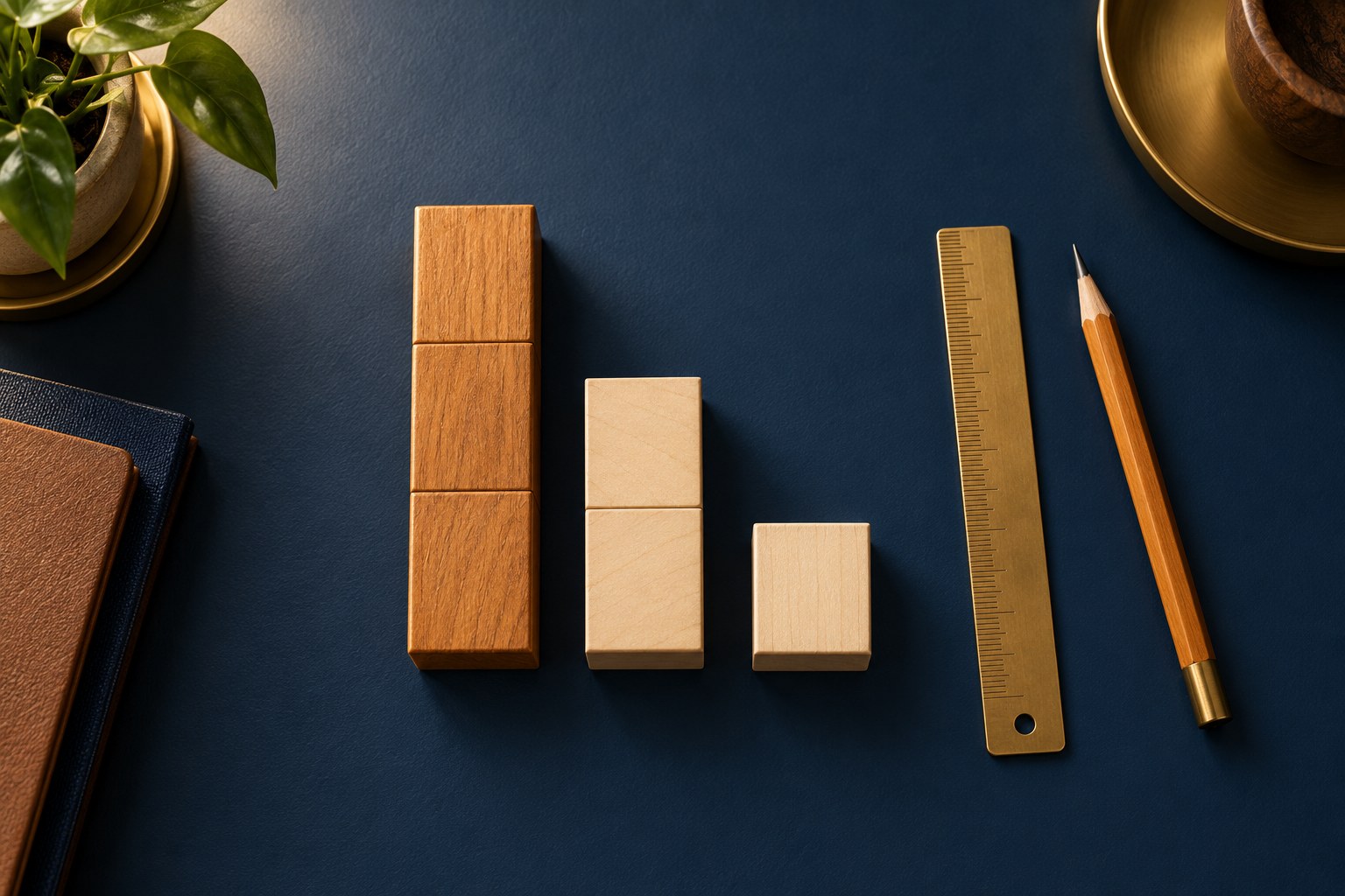 A simple bar chart made of wooden blocks comparing three monthly bill heights for a team, with the tallest bar on the left