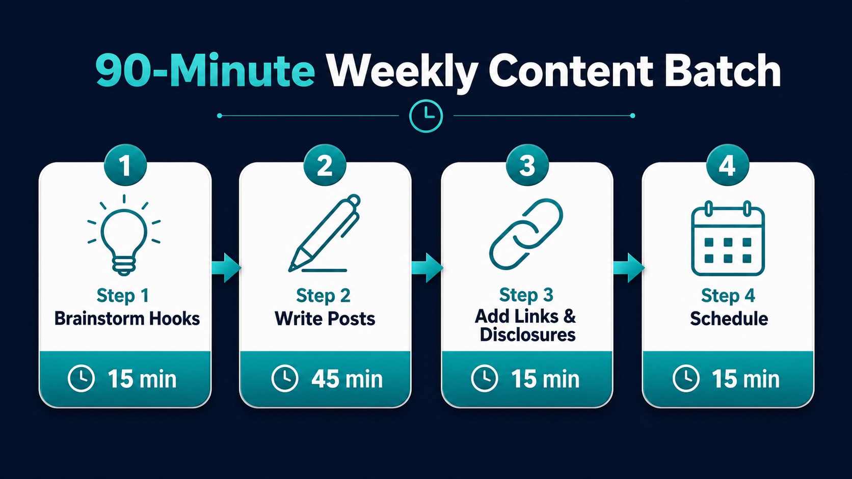 Weekly Threads content batching workflow showing the 90-minute process from brainstorming to scheduling