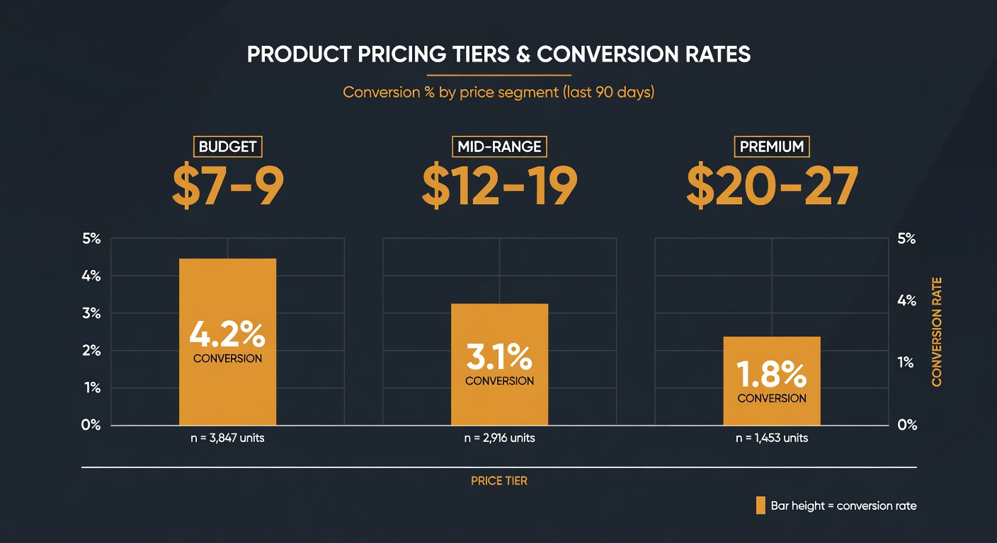 Pricing tier data table showing conversion rates for budget mid-range and premium digital products