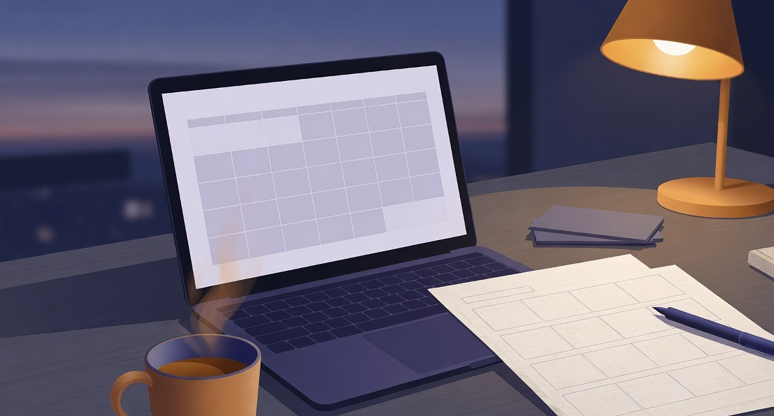 A calm workspace desk at dusk with a laptop showing a blank content calendar, a printed worksheet, and a cup of coffee