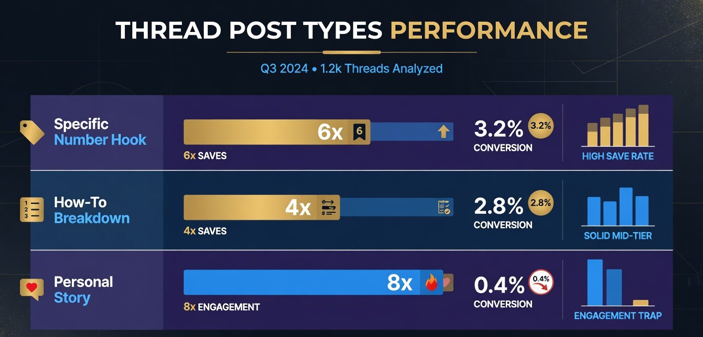 Thread post types performance data showing hooks, saves, and conversion rates by content format