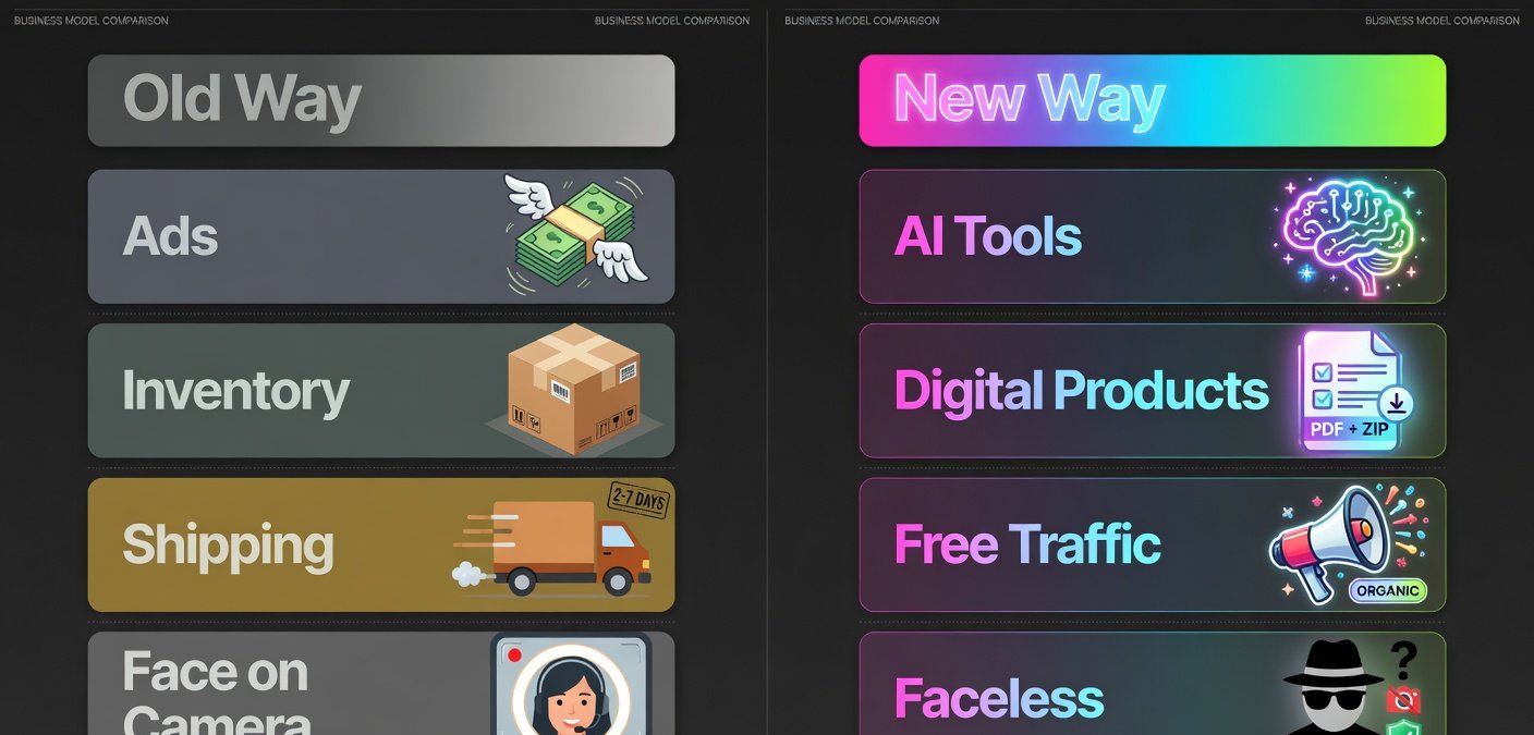 Split-screen comparison of traditional business model versus faceless AI digital product approach
