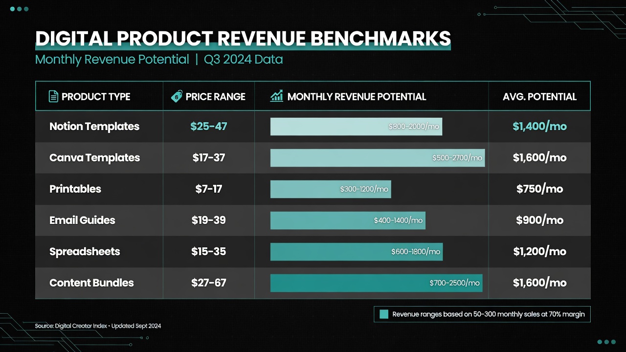 Digital product types with pricing and monthly revenue potential data